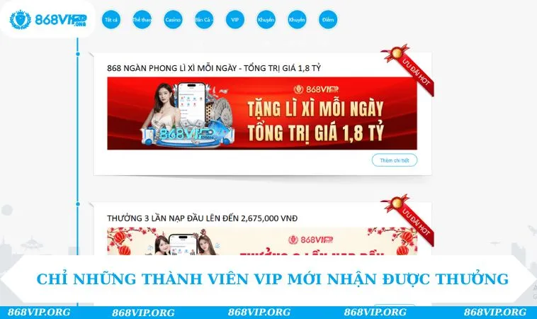 Khuyến Mãi 868VIP 196 Chỉ những thành viên VIP mới nhận được thưởng