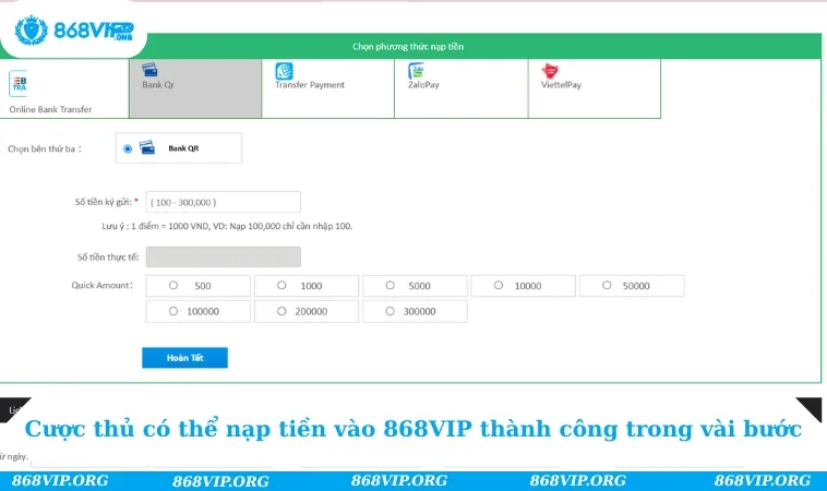 Nạp Tiền 868VIP 175 Cược thủ có thể nạp tiền vào 868VIP thành công trong vài bước