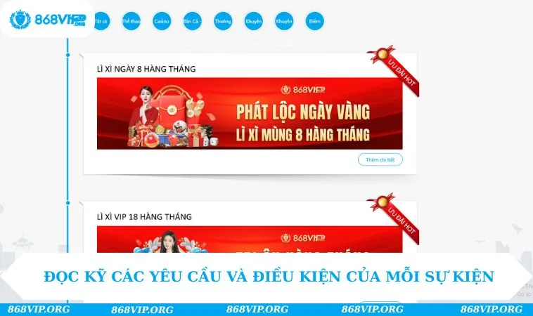 Khuyến Mãi 868VIP 196 Đọc kỹ các yêu cầu và điều kiện của mỗi sự kiện