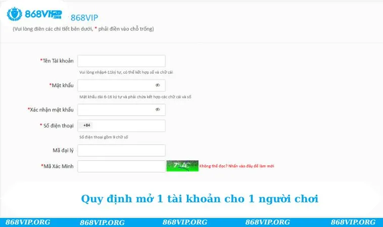 Điều Khoản Sử Dụng 868VIP 142 Quy định mở 1 tài khoản cho 1 người chơi